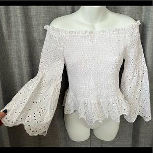 Express Off The Shoulder Smocked Eyelet Lace Bell Sleeve Top
